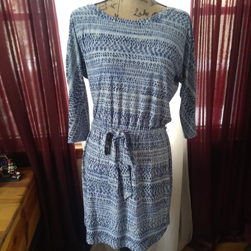 Belted Blue Print Studded Strerch Guess Dress